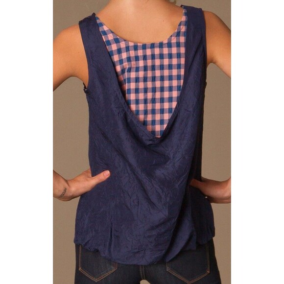 NWT $258 New Womens Marc Jacobs Silk Sleeveless Top Blue Pink Checks M Cowl Back - Picture 1 of 9